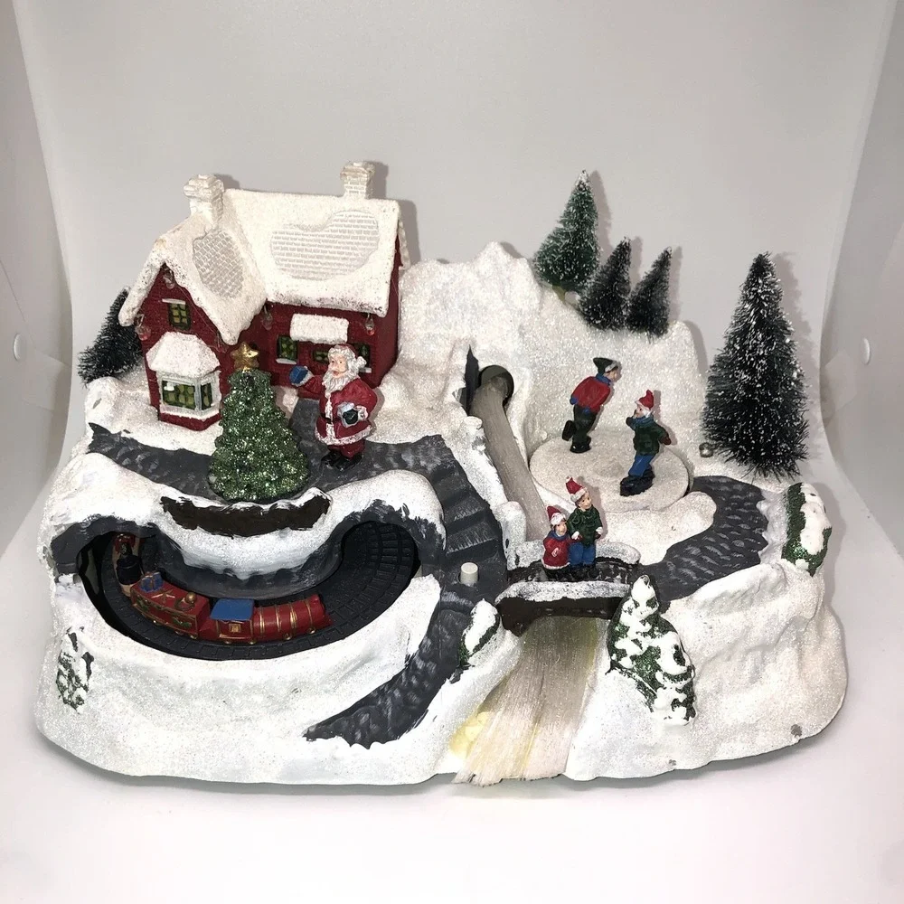 WORKING Holiday Christmas LED Fiber Optic Village Train Skaters Santa Bridge